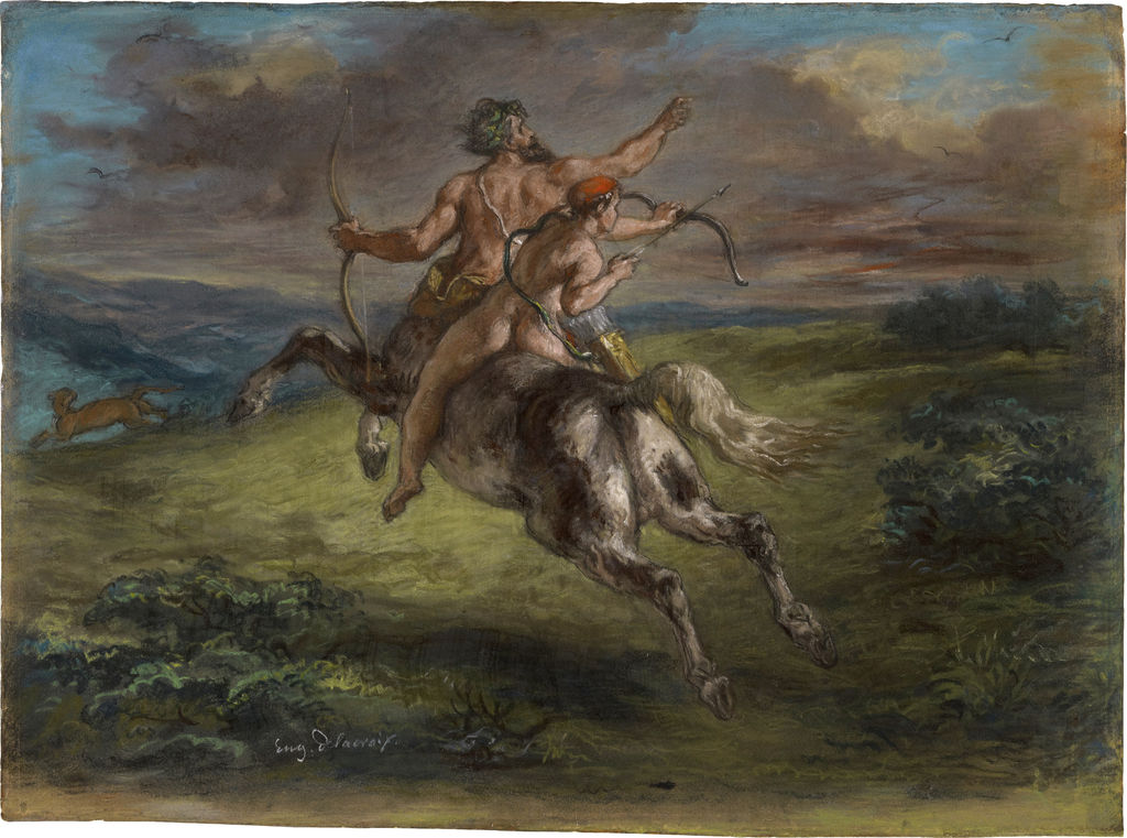 The Education of Achilles, 1862, pastel. J. Paul Getty Museum; 86.GG.728. A full landscape and more settled contours distinguish this later presentation work from the graphite study.