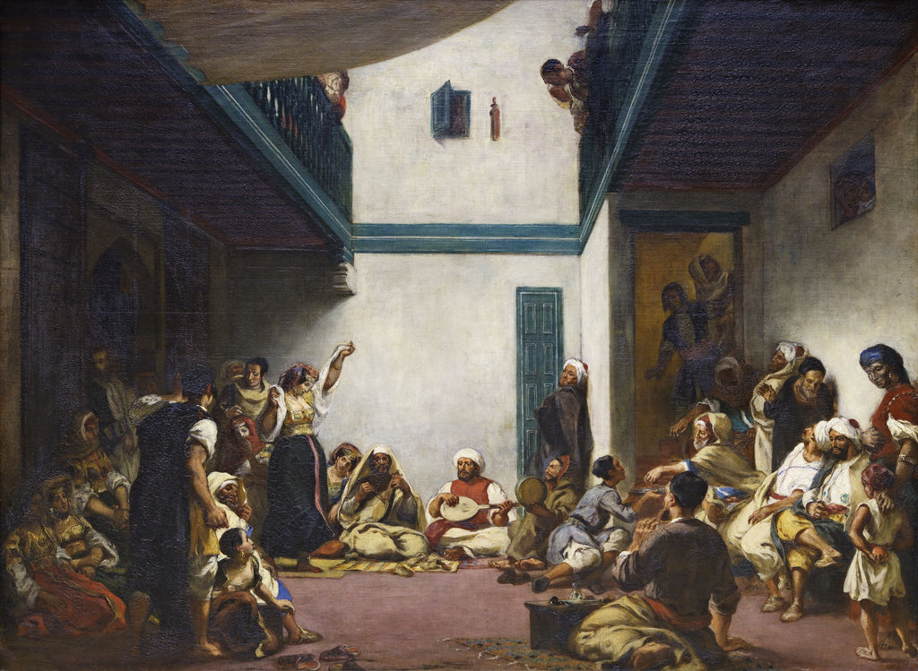 Jewish Wedding in Morocco, 1839, oil on canvas; exhibited 1841. Musée du Louvre; INV 3825. The dancer at the left is distinct from the absent bride.