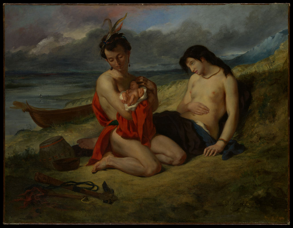 Two parents resting beside a river, the father cradling their newborn in The Natchez by Eugène Delacroix