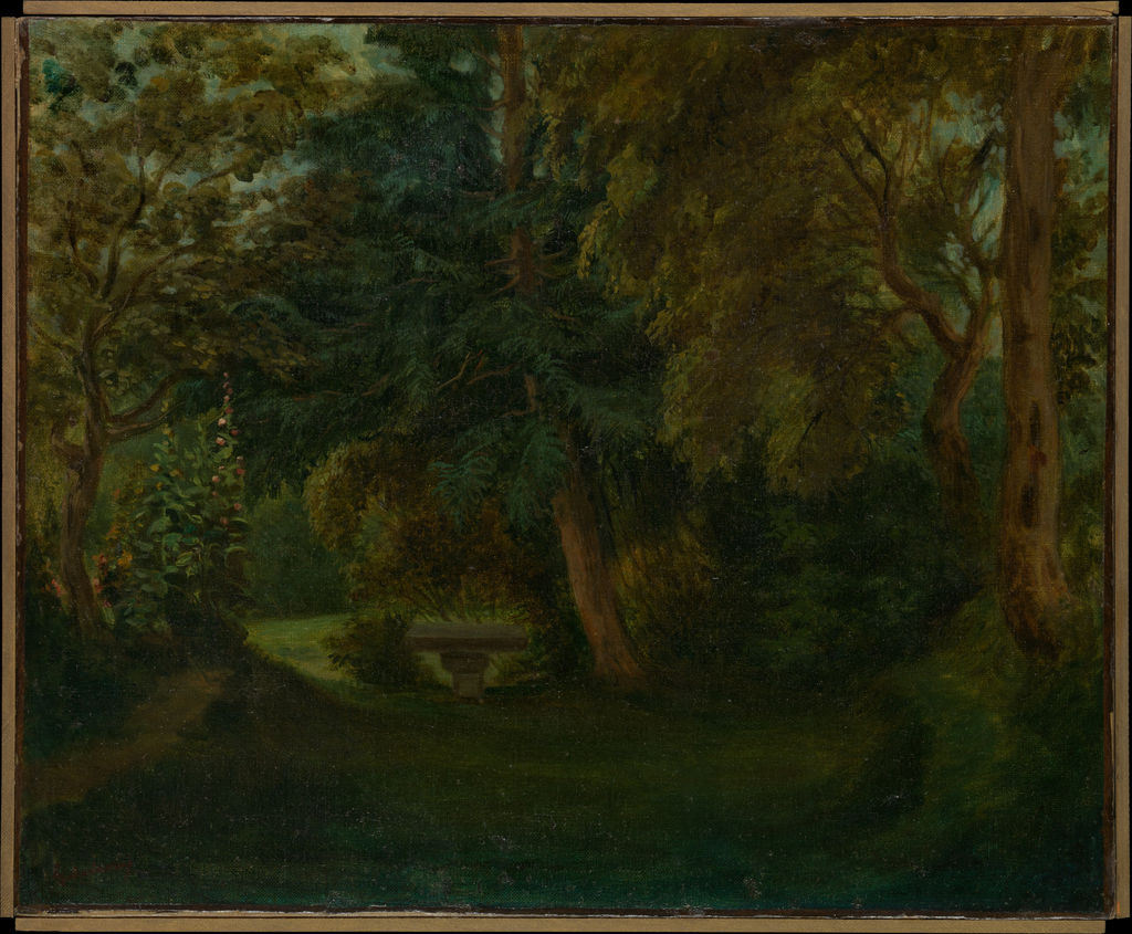 George Sand’s Garden at Nohant, c.1842–43, oil on canvas. The Metropolitan Museum of Art; 22.27.4. A stone bench or table and open ground introduce signs of human use.
