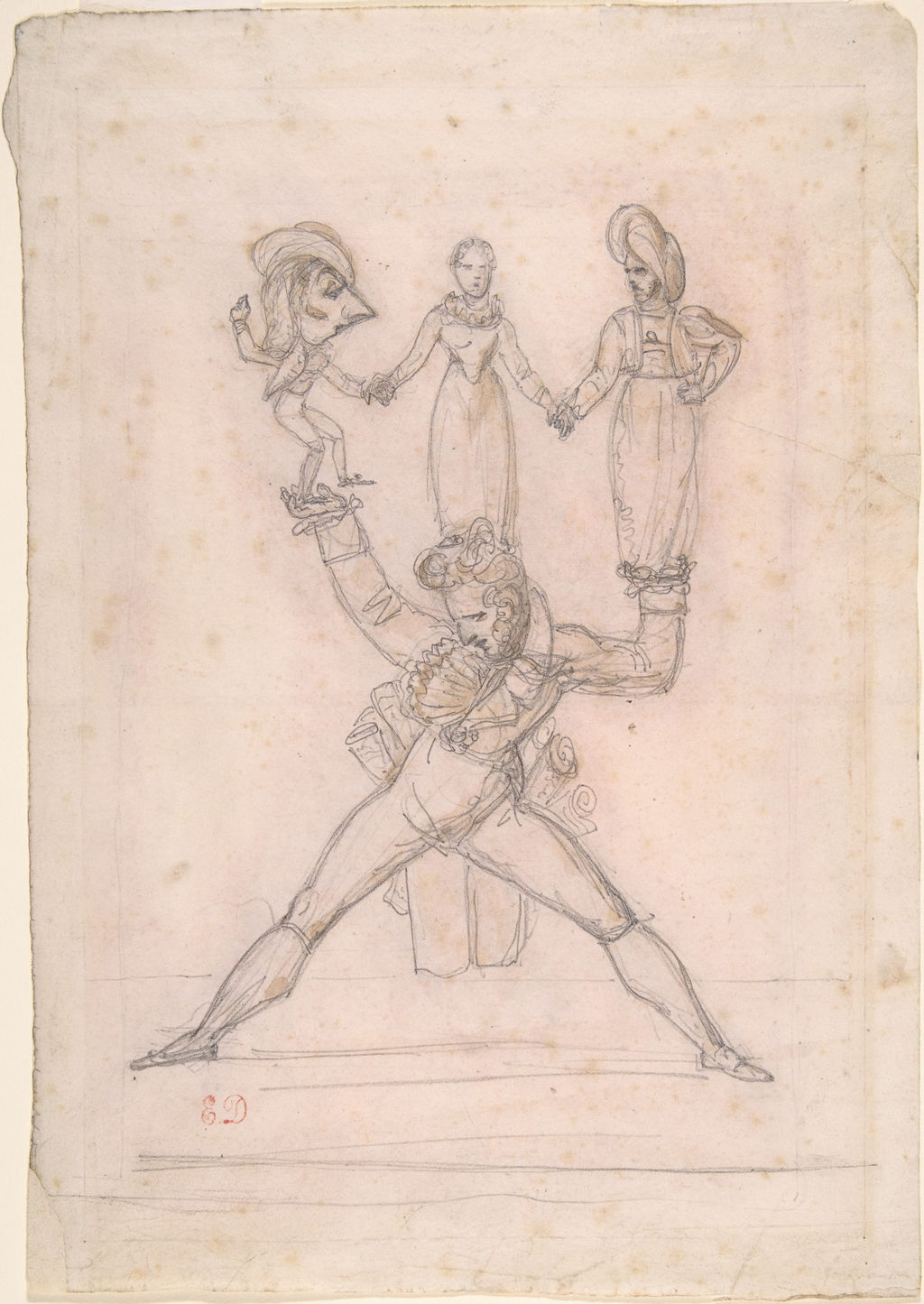 The Italian Theatre, 1821, graphite with brush and brown wash; recto. The Metropolitan Museum of Art; 2004.197. The outer figures reverse position in the printed composition. Red chalk on the unseen verso is recorded by the museum.