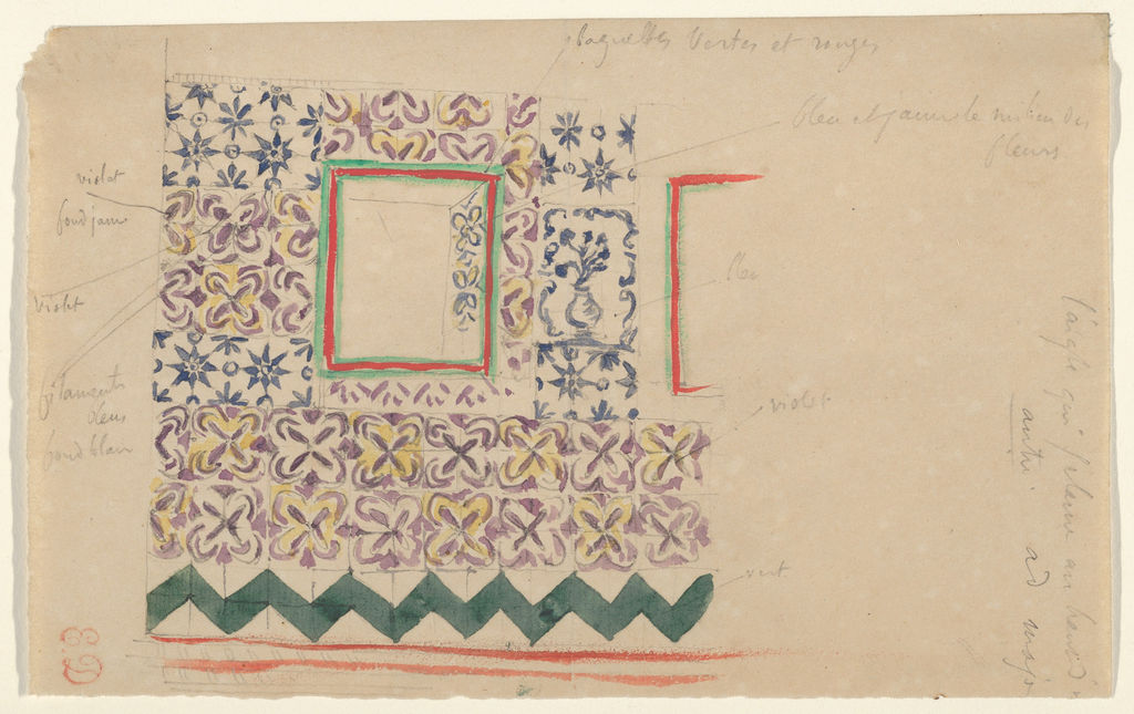 An 1832 travel study by Eugène Delacroix, combining painted tile patterns with pencil colour notes.