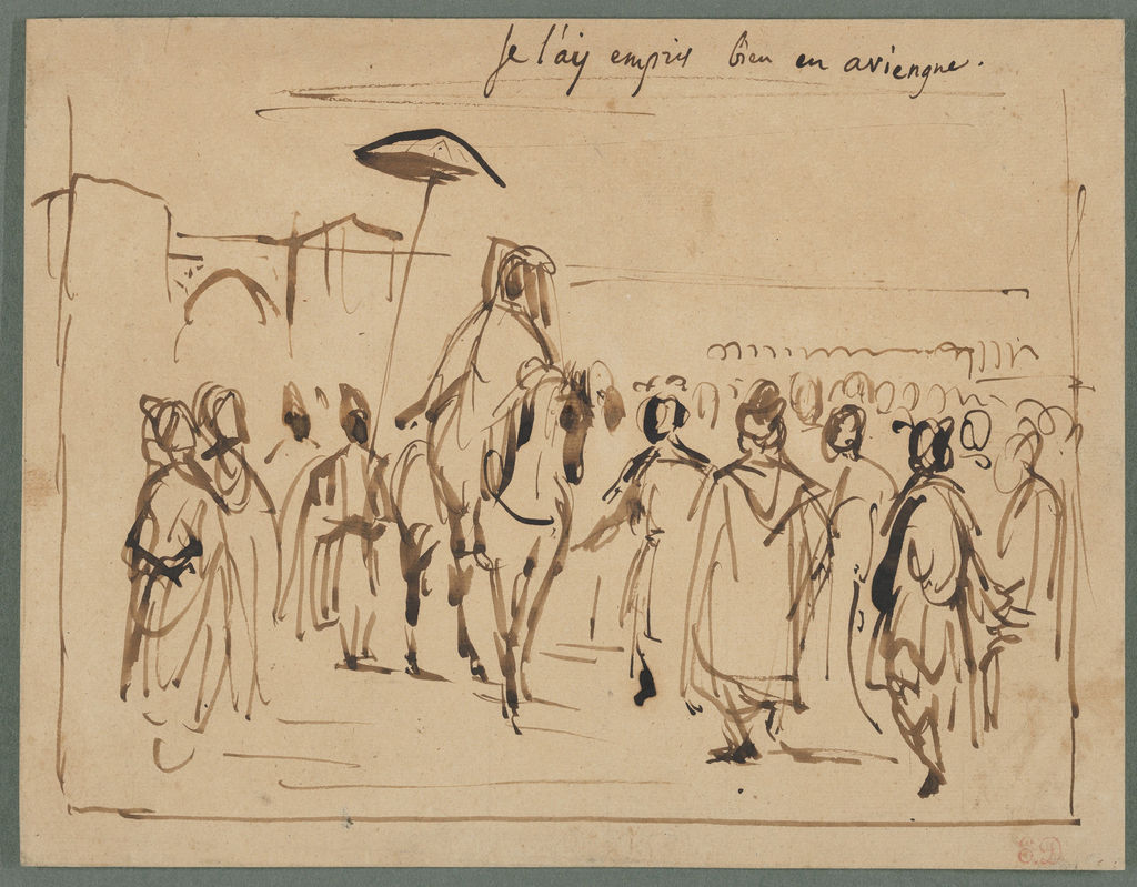 Study for The Sultan of Morocco and His Entourage, 1832–33, brush and brown ink. The Metropolitan Museum of Art; 2013.1135.20. The French delegation appears at the far right.
