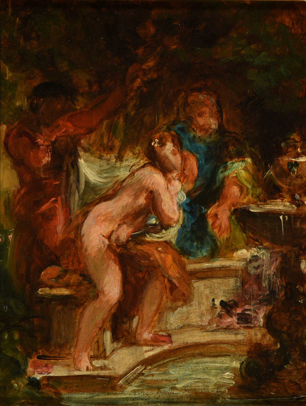 Susanna and the Elders, 1854–55, oil on card. Musée des Beaux-Arts de Reims; 949.1.16. This later upright sketch redistributes the figures and white cloth.
