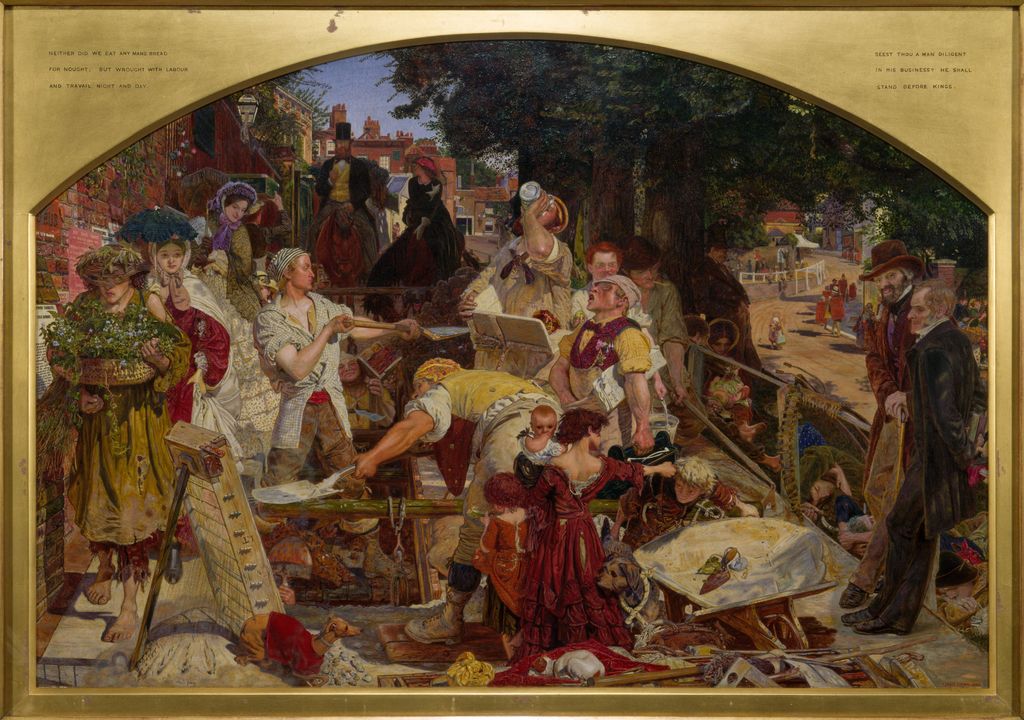 Brown’s smaller Work replica, 1863, commissioned by James Leathart. Birmingham Museums Trust, 1927P349; Maria Leathart appears as the fashionable woman.