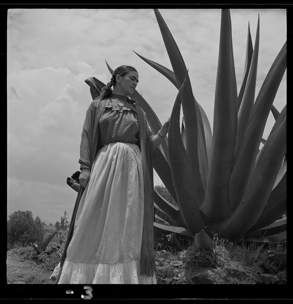 Frida Kahlo standing outdoors in a long dress beside a large agave; the photographic negative border remains visible.