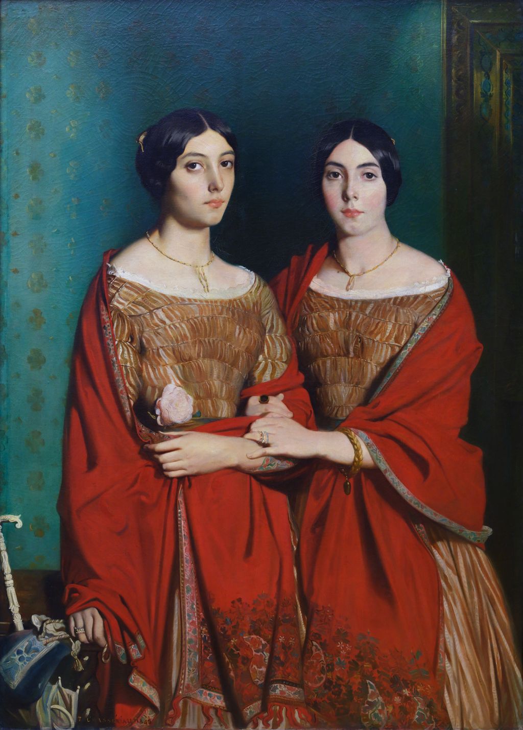 Two dark-haired sisters in matching red and black dresses stand closely together in Chassériau's 1843 portrait.