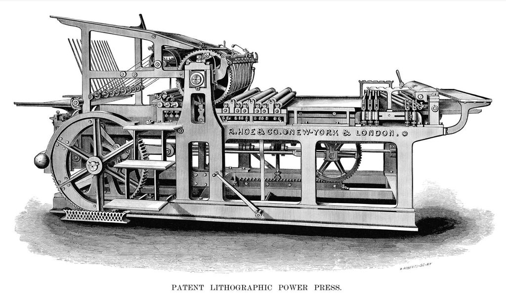 Black-and-white engraved illustration of a large wheeled lithographic printing press.