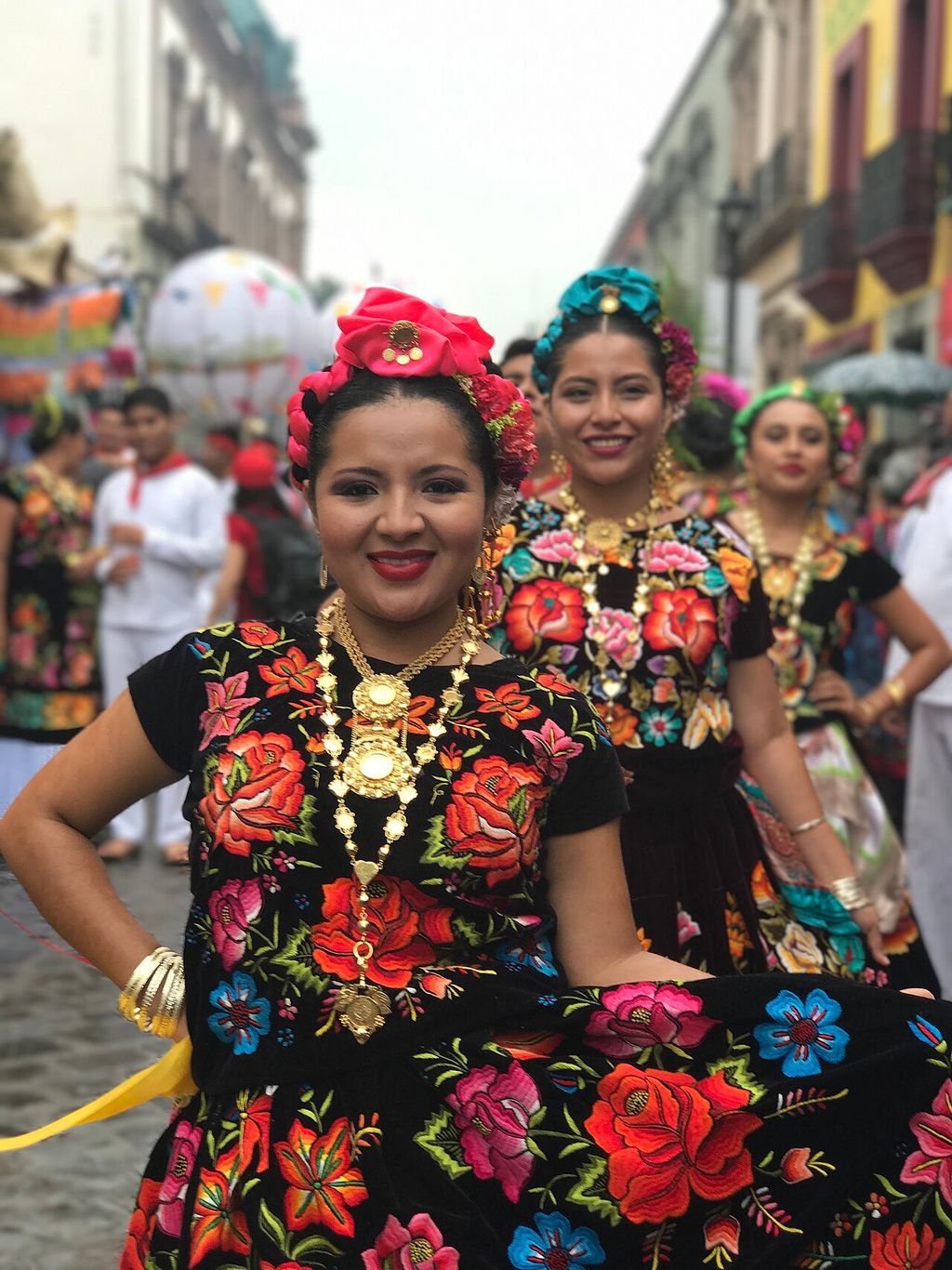 Two Tehuana women in traditional dress