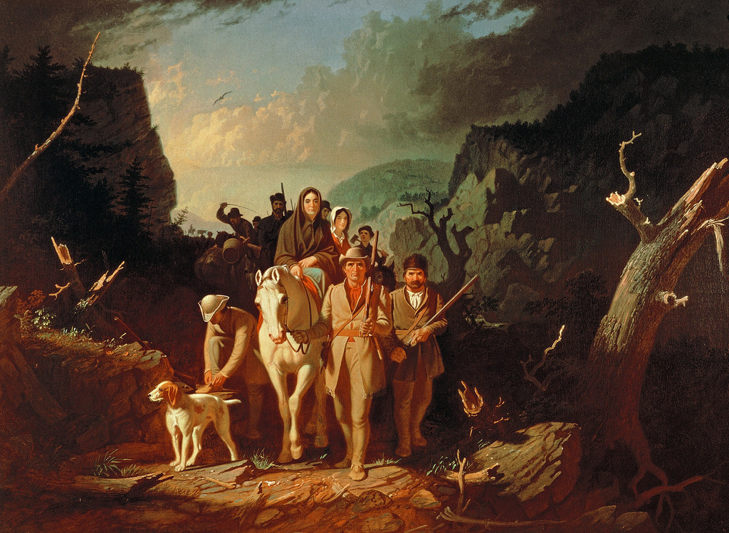 George Caleb Bingham, Daniel Boone Escorting Settlers through the Cumberland Gap, 1851–52. Oil on canvas, 36½ × 50¼ inches. Mildred Lane Kemper Art Museum, Washington University in St. Louis, Gift of Nathaniel Phillips, 1890, WU 2171.