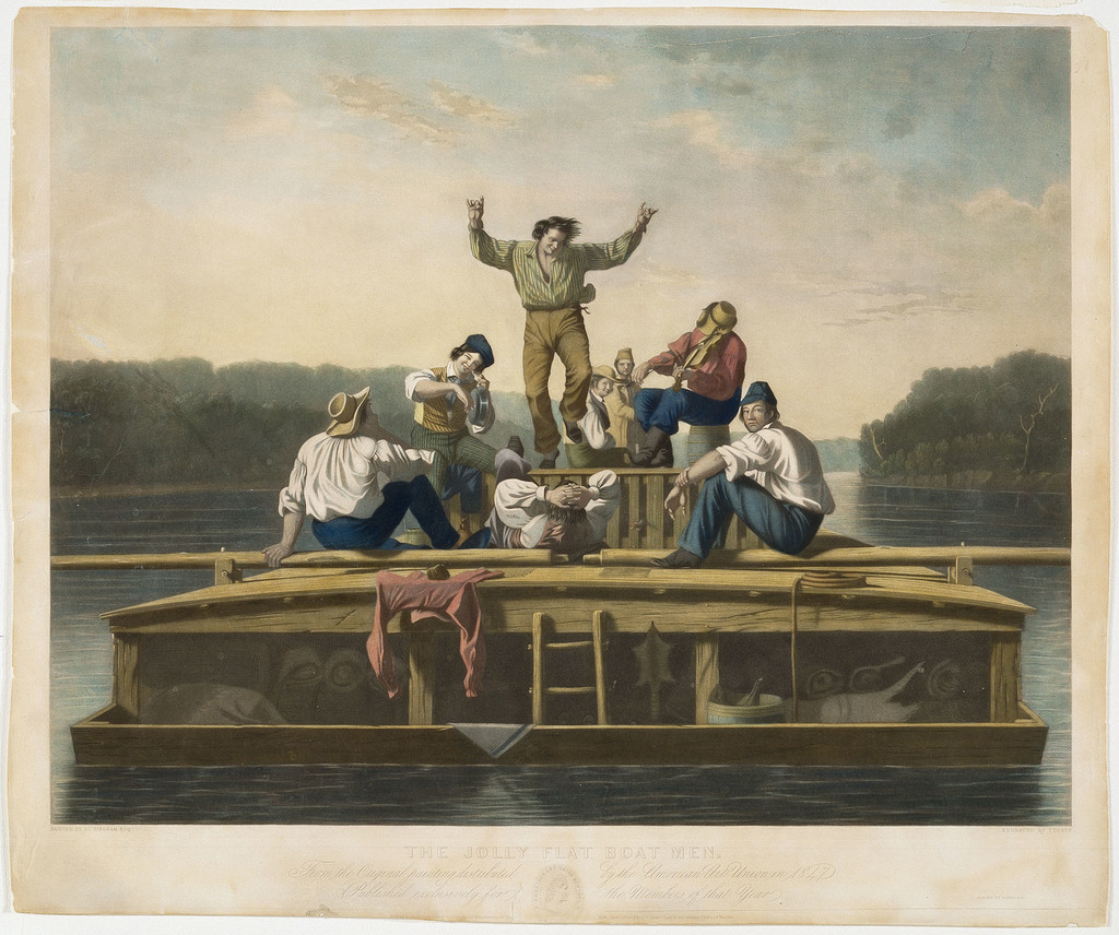 Thomas Doney after George Caleb Bingham, The Jolly Flat Boat Men, 1847. Aquatint, engraving, stipple, etching and roulette with applied watercolour. Amon Carter Museum of American Art, Fort Worth, Texas, 1971.44.
