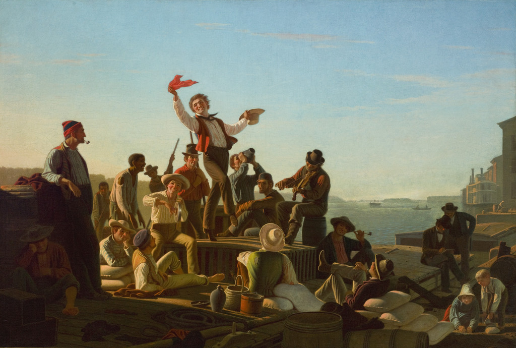 George Caleb Bingham, Jolly Flatboatmen in Port, 1857. Oil on canvas, 120 × 176.8 cm. Saint Louis Art Museum, Museum Purchase, 123:1944.