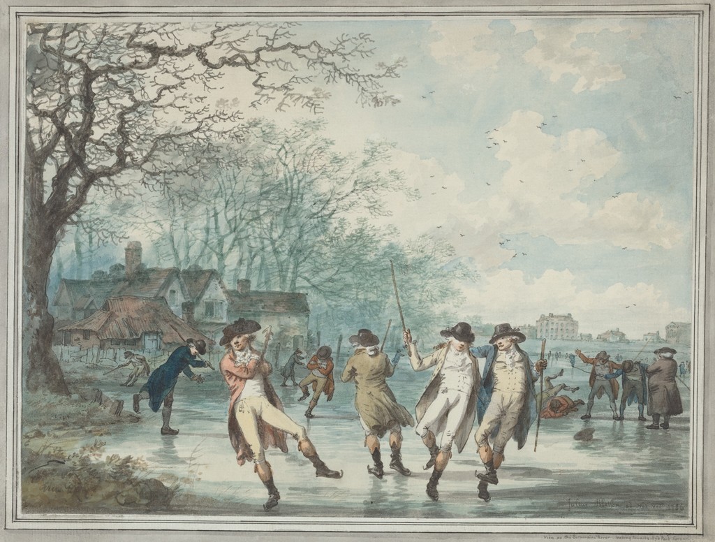 Julius Caesar Ibbetson, Skaters on the Serpentine in Hyde Park, 1786, pen and black ink and watercolor on laid paper; laid down. National Gallery of Art, Washington, Gift of Paul Mellon, 1987.82.1. CC0. A later comparison, not a demonstrated source for Stuart’s 1782 painting.