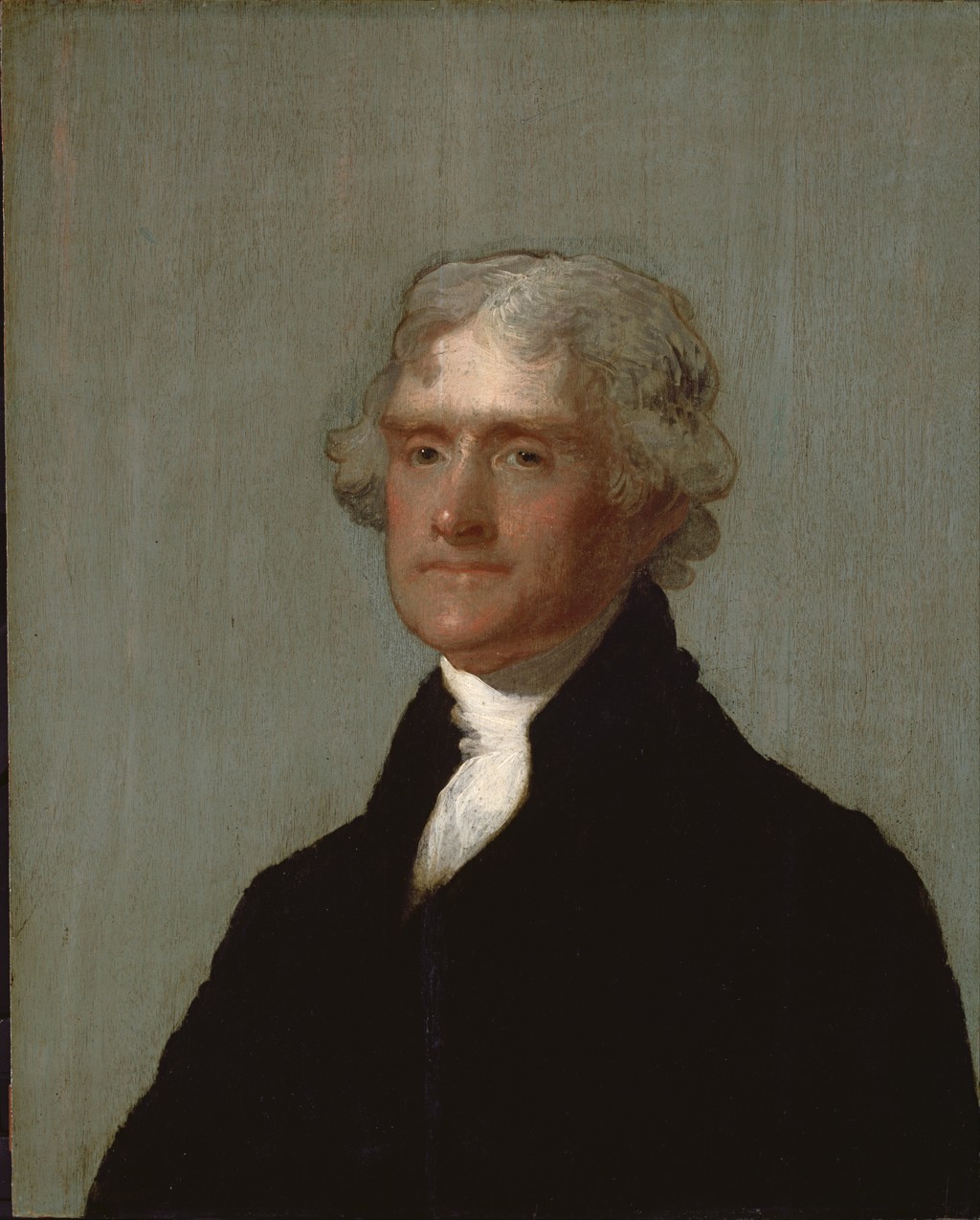 Gilbert Stuart, Thomas Jefferson (Edgehill portrait), delivered in 1821; dated 1805/21 in Miles’s 2004 catalogue. Oil on mahogany, NPG.82.97, jointly owned by the National Portrait Gallery, Smithsonian Institution, and Monticello, Thomas Jefferson Foundation. Google Art Project / Wikimedia Commons, Public Domain. A separate version; the Commons record’s 1805–1818 dating is discussed in the text.