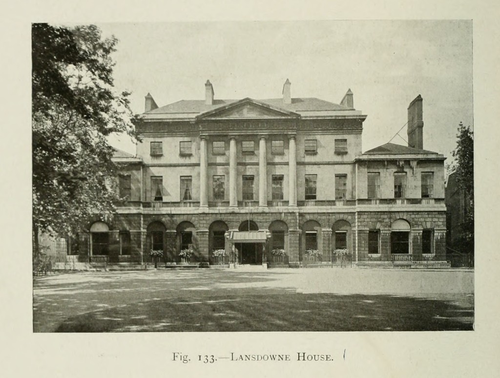 Historical photograph of Lansdowne House, London, reproduced in John Swarbrick, Robert Adam & his brothers (1915), p.186, fig.133. Exposure date and photographer unestablished. Faithful crop from the Robarts Library/Internet Archive scan, retaining the printed caption; figure listed CC0 by Internet Archive Book Images.