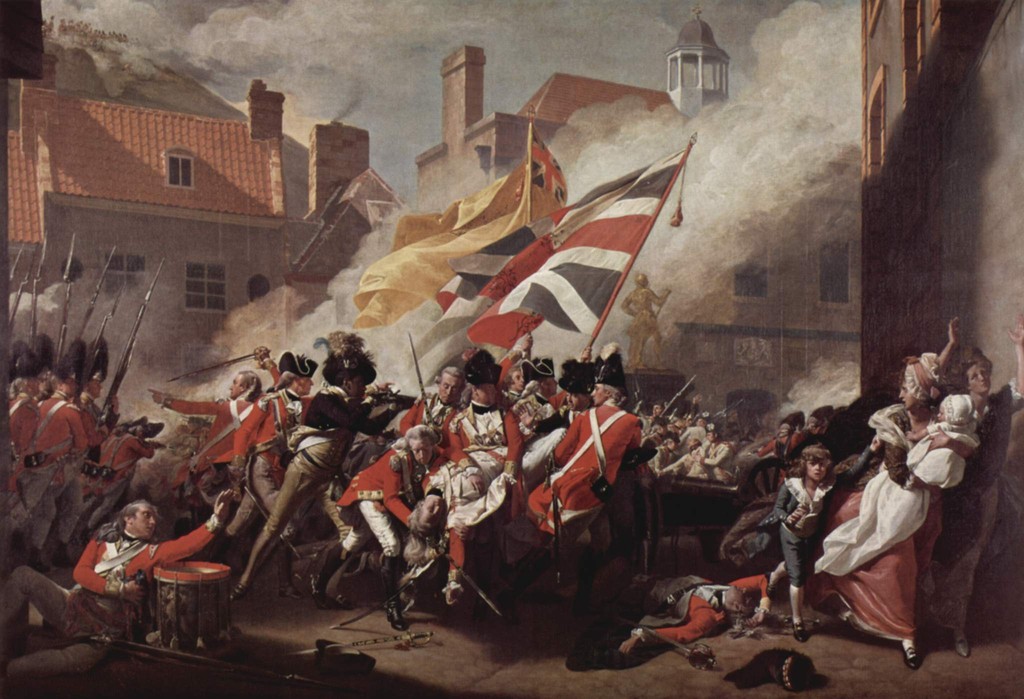 John Singleton Copley, The Death of Major Peirson, 6 January 1781. Tate, N00733. Public-domain reproduction from the original 2005 Commons/Yorck Project file. Stuart’s oval portrait was displayed above this history painting.