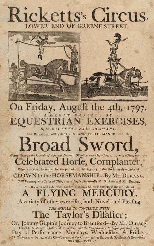 Ricketts’s Circus playbill for Albany, 4 August 1797, with equestrian illustrations and the horse Cornplanter named in the programme. Harvard Theatre Collection, Houghton Library, via Wikimedia Commons. Unidentified printer; Public Domain. Whole image at its native 502-pixel width.