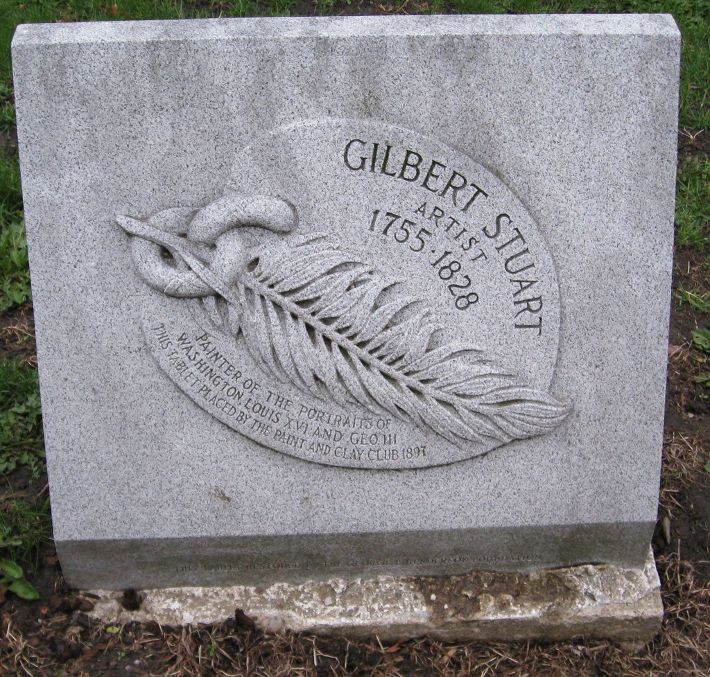 The later Gilbert Stuart memorial at Boston’s Central Burying Ground, photographed by Biruitorul in May 2008. Its inscription records the Paint and Clay Club’s 1897 commemoration. Wikimedia Commons, Public Domain.