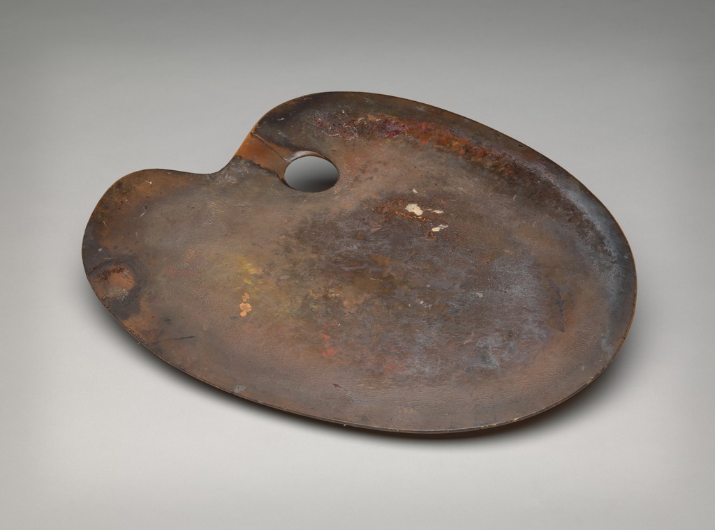 Palette associated with Gilbert Stuart. National Portrait Gallery, Smithsonian Institution, AD/NPG.74.21. The surviving surface retains wear and paint residues. CC0.