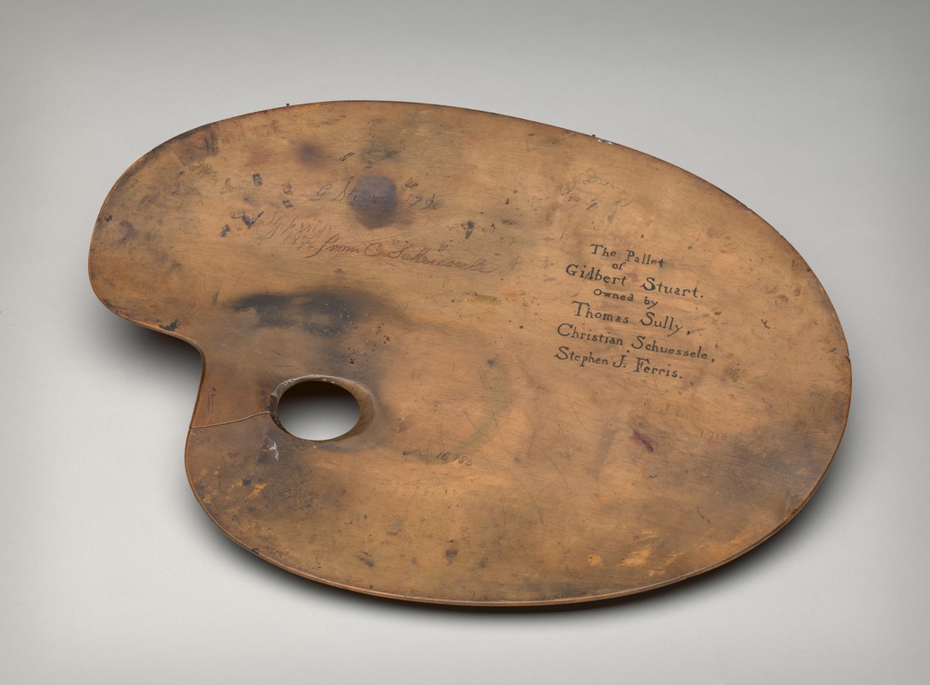 Reverse of the palette associated with Gilbert Stuart, bearing an inscription naming later owners including Thomas Sully. National Portrait Gallery, Smithsonian Institution,AD/NPG.74.21. CC 0.