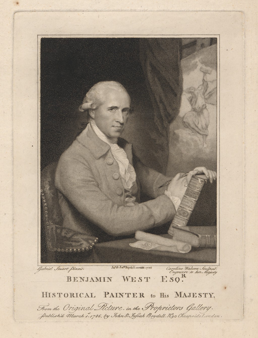 Caroline Watson after Gilbert Stuart, Benjamin West, 1786, stipple engraving on paper. National Portrait Gallery, Smithsonian Institution, NPG.77.223. CC0. Published by John and Josiah Boydell; the whole supplied sheet image and lettering are retained.