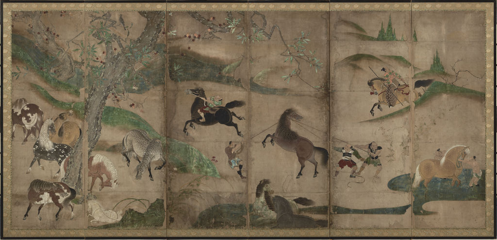 《牧馬図屏風》左隻
