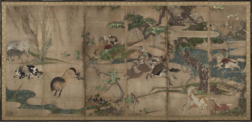 《牧馬図屏風》右隻