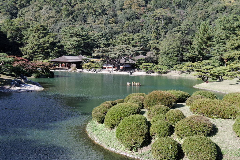 高松・栗林公園の池と手前の植栽。借景の紫雲山はこの写真の視野とは分けて考える。