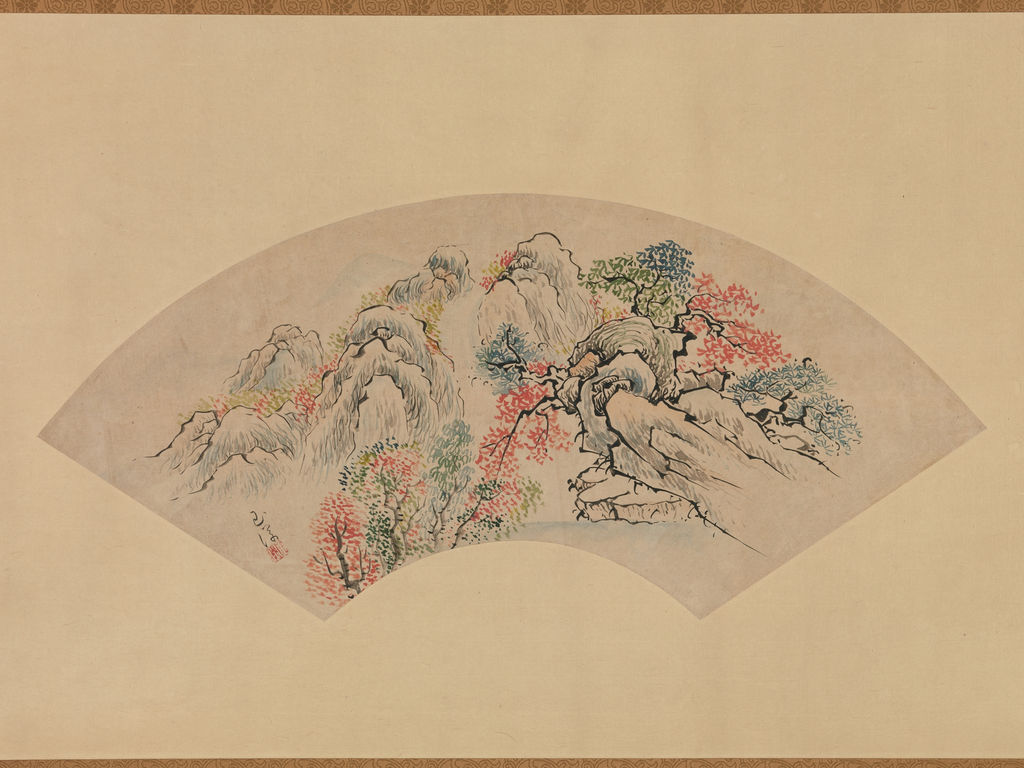 池玉瀾《滝のある秋景》、十八世紀後半。扇面を後に掛幅へ仕立てた作品。メトロポリタン美術館 1975.268.95。