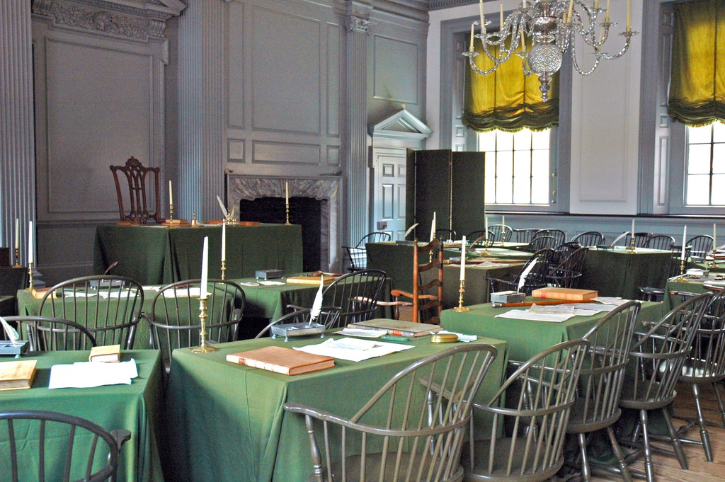 The restored Assembly Room, Independence Hall, Philadelphia, photographed 24 April 2005. Photograph by Rdsmith4. This is a modern view following twentieth-century restoration.