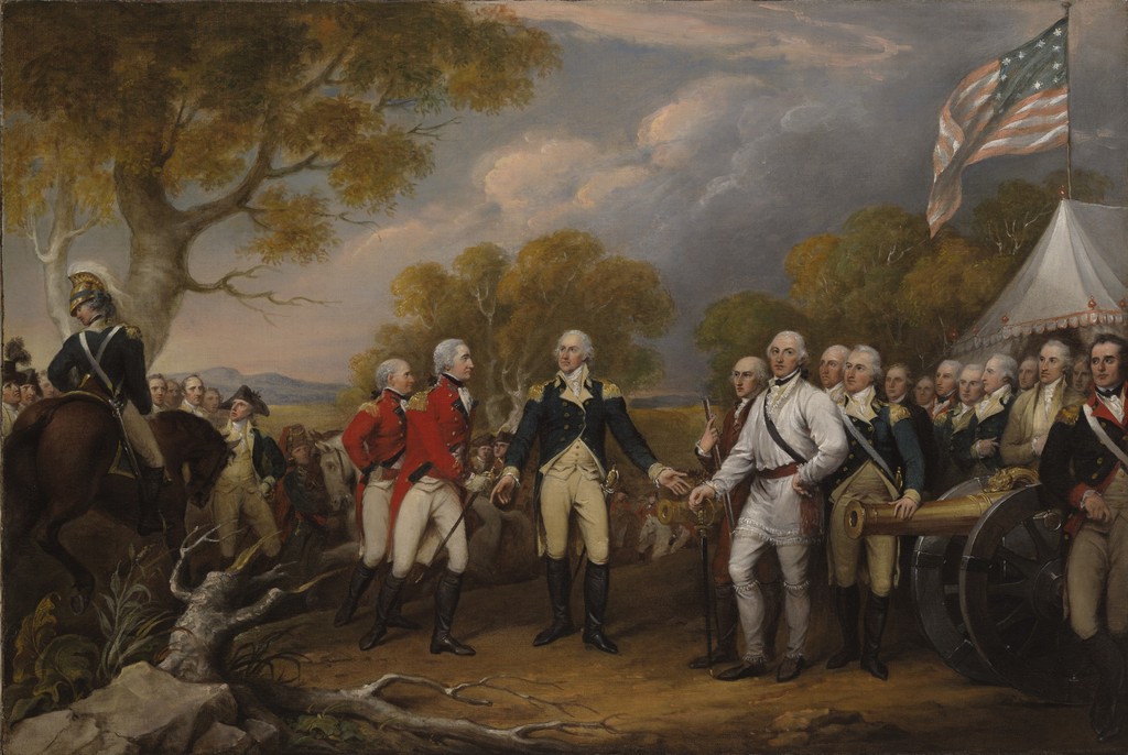 John Trumbull, The Surrender of General Burgoyne at Saratoga, October 16, 1777, about 1822–32. Oil on canvas, 53.7 × 77.8 cm. Yale University Art Gallery, 1832.7. The surrender occurred on 17 October 1777.