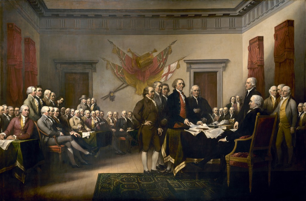 John Trumbull, Declaration of Independence, painted August 1817–September 1818. Oil on canvas, 12 × 18 feet. United States Capitol Rotunda. The scene represents presentation of the draft to Congress, associated with 28 June 1776.