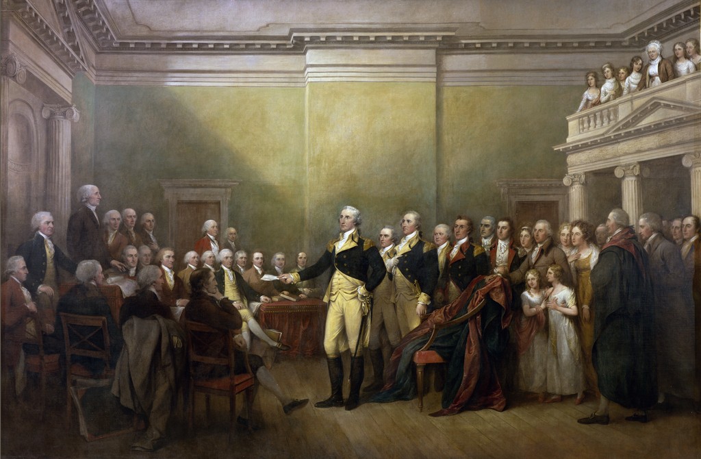 John Trumbull, General George Washington Resigning His Commission, 1822–24, completed April 1824. Oil on canvas, 12 × 18 feet. United States Capitol Rotunda. The scene represents Annapolis, 23 December 1783.