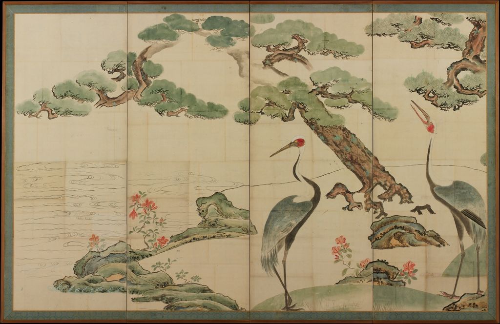 《松竹に鶴図屏風画稿》四曲の画面 — Met 1975.268.62, .63