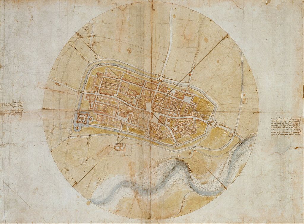 Leonardos Stadtplan von Imola in Draufsicht mit Mauern, Straßen und radialen Richtungen