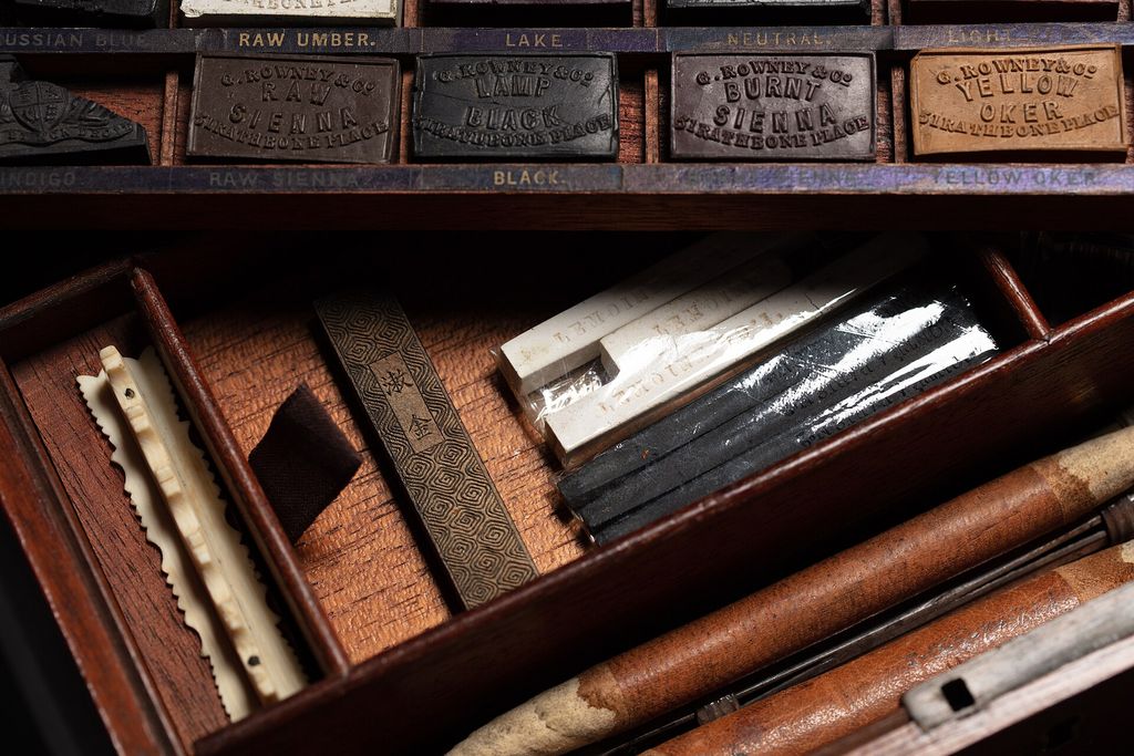 Contextual image of historic artist’s paint box and pigments.