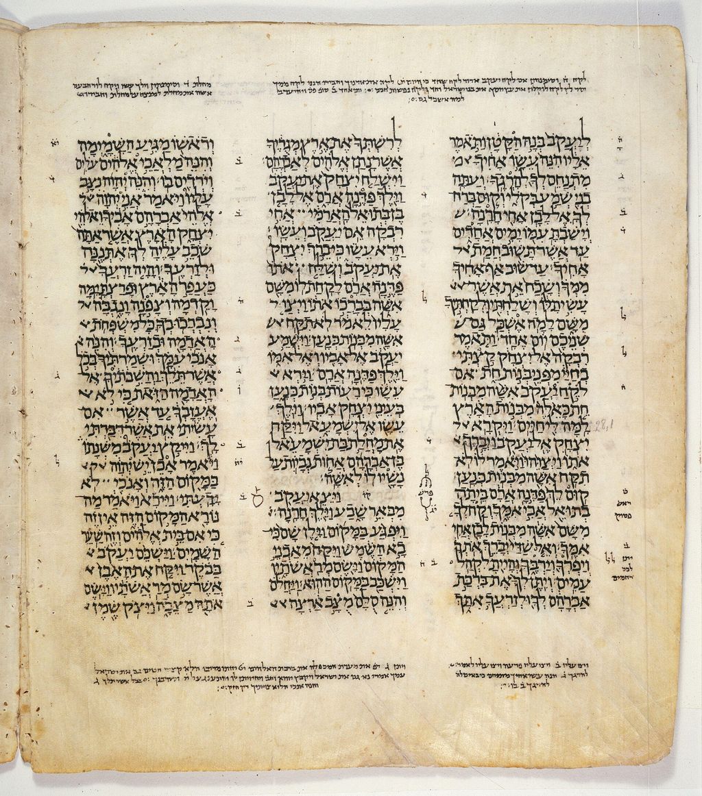 Historic manuscript page: Leningrad Codex folio containing Genesis 27:42–28:18.