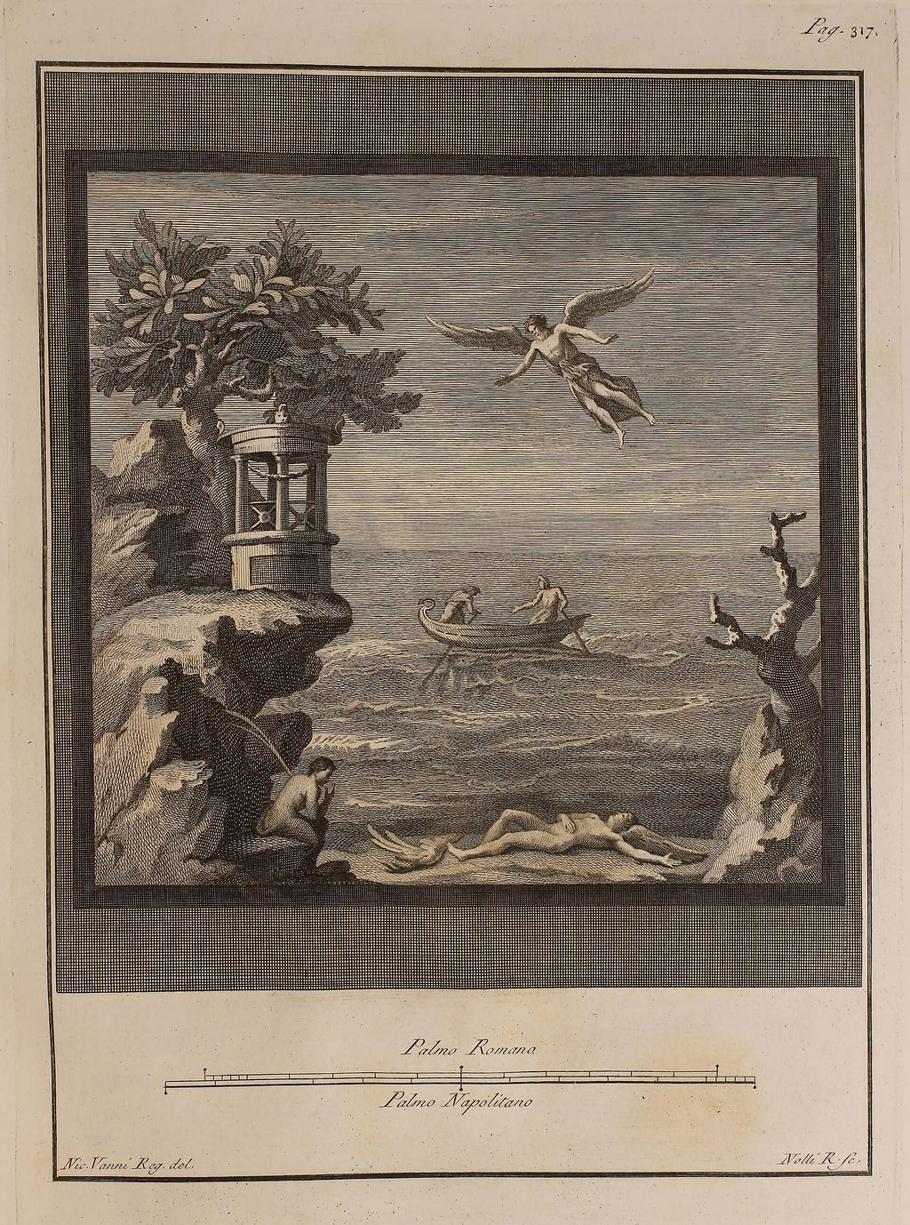 Contextual image of 1765 engraving of a roman fresco depicting the fall of icarus.