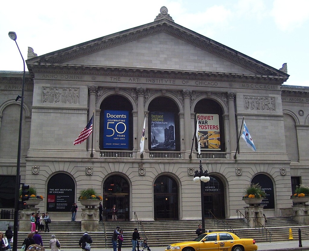 The main facade and entrance of the Art Institute of Chicago, seen across Michigan Avenue.