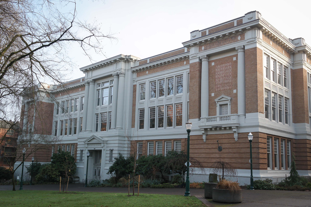 The historic brick and stone facade of Lincoln Hall in Portland in 2014.