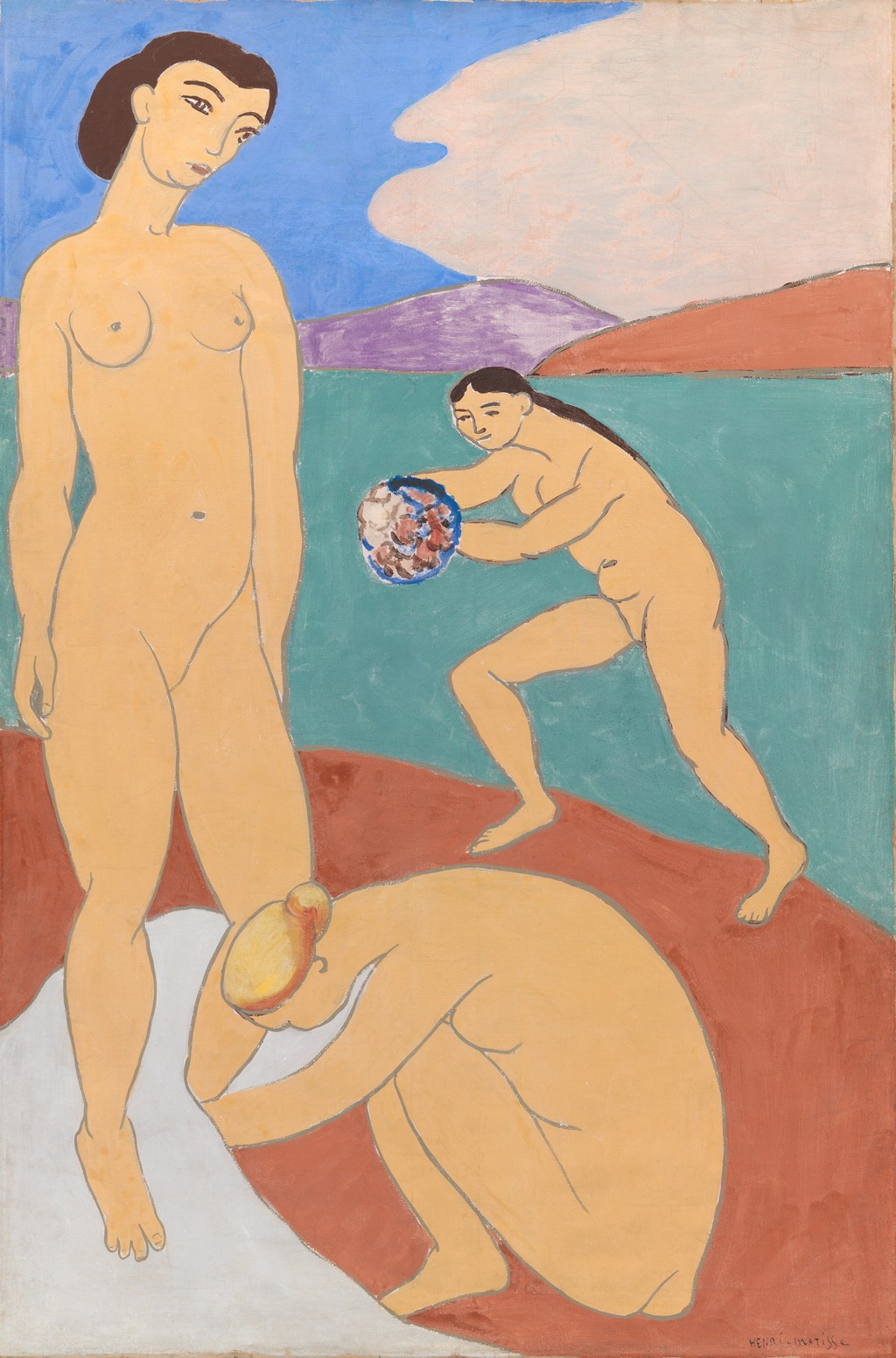Henri Matisse’s Le Luxe II, with three nude figures and broad blue, green and terracotta areas in a landscape.