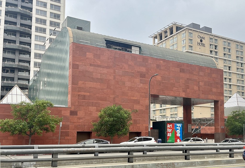 MOCA’s red stone Grand Avenue building in Los Angeles in 2023.