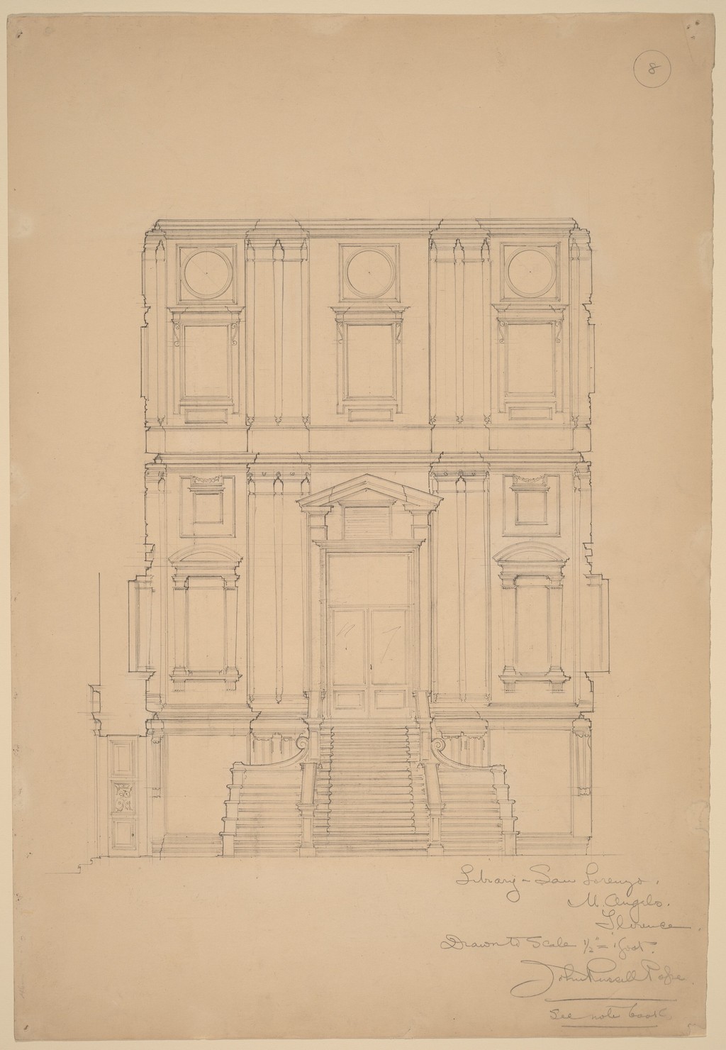 John Russell Pope’s measured graphite drawing of the Laurentian Library vestibule wall and staircase in Florence, circa 1896.
