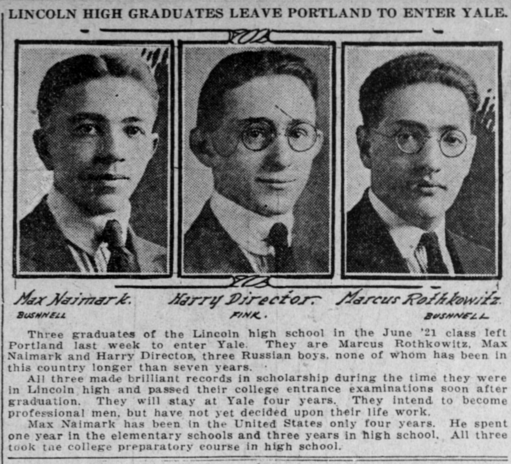 A 1921 newspaper item with Max Naimark at left, Harry Director at centre and Marcus Rothkowitz, later Mark Rothko, at right.