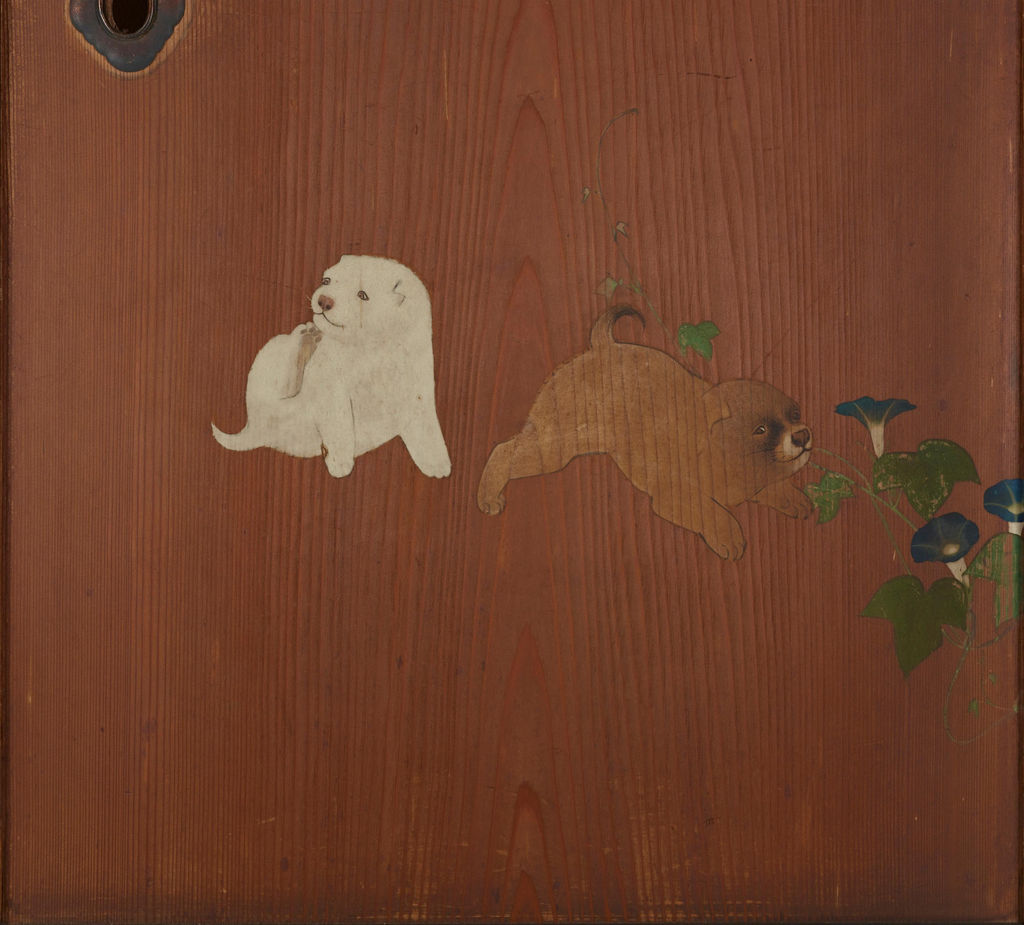 子犬2匹の杉戸絵の画面