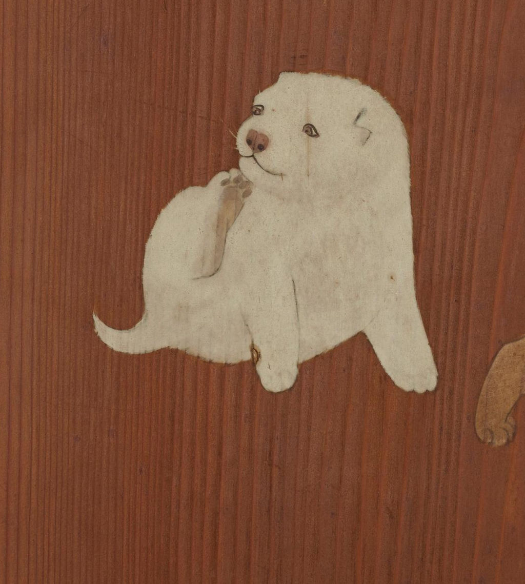 前足を上げる白い子犬