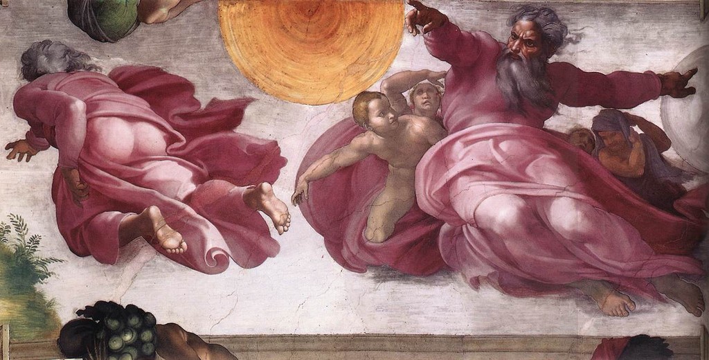 Creation of the Sun, Moon and Plants by Michelangelo, with God depicted twice across the Sistine ceiling scene