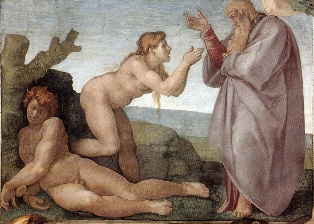 Creation of Eve by Michelangelo on the Sistine Chapel ceiling, with Eve rising beside Adam before God