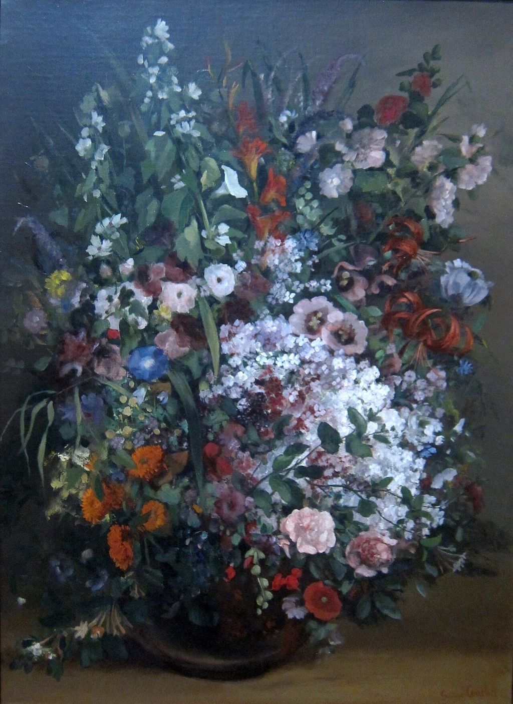 Blumenstrauß in einer Vase von Gustave Courbet; kontextuelles Stillleben, nicht Picassos Bild.