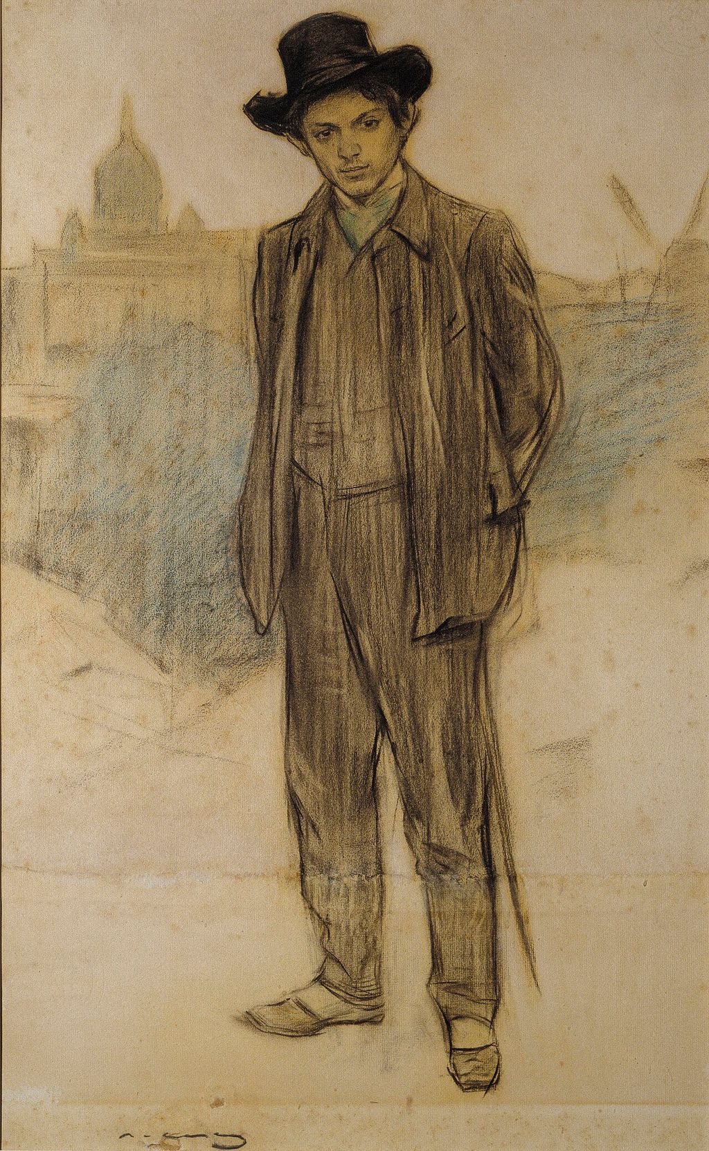 Ramon Casas's portrait drawing of Pablo Picasso, about 1900.